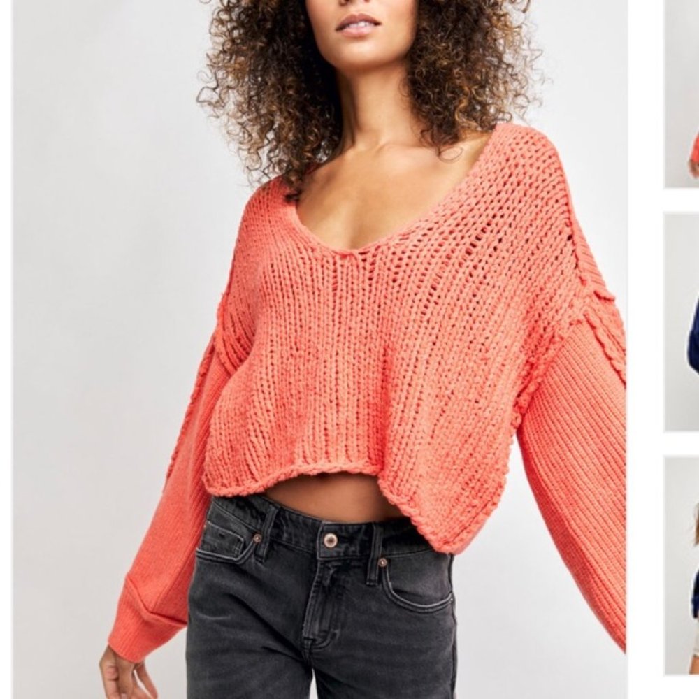 NWT FREE PEOPLE Sea Bright Watermelon Smile Chunky Sweater Pink Medium M